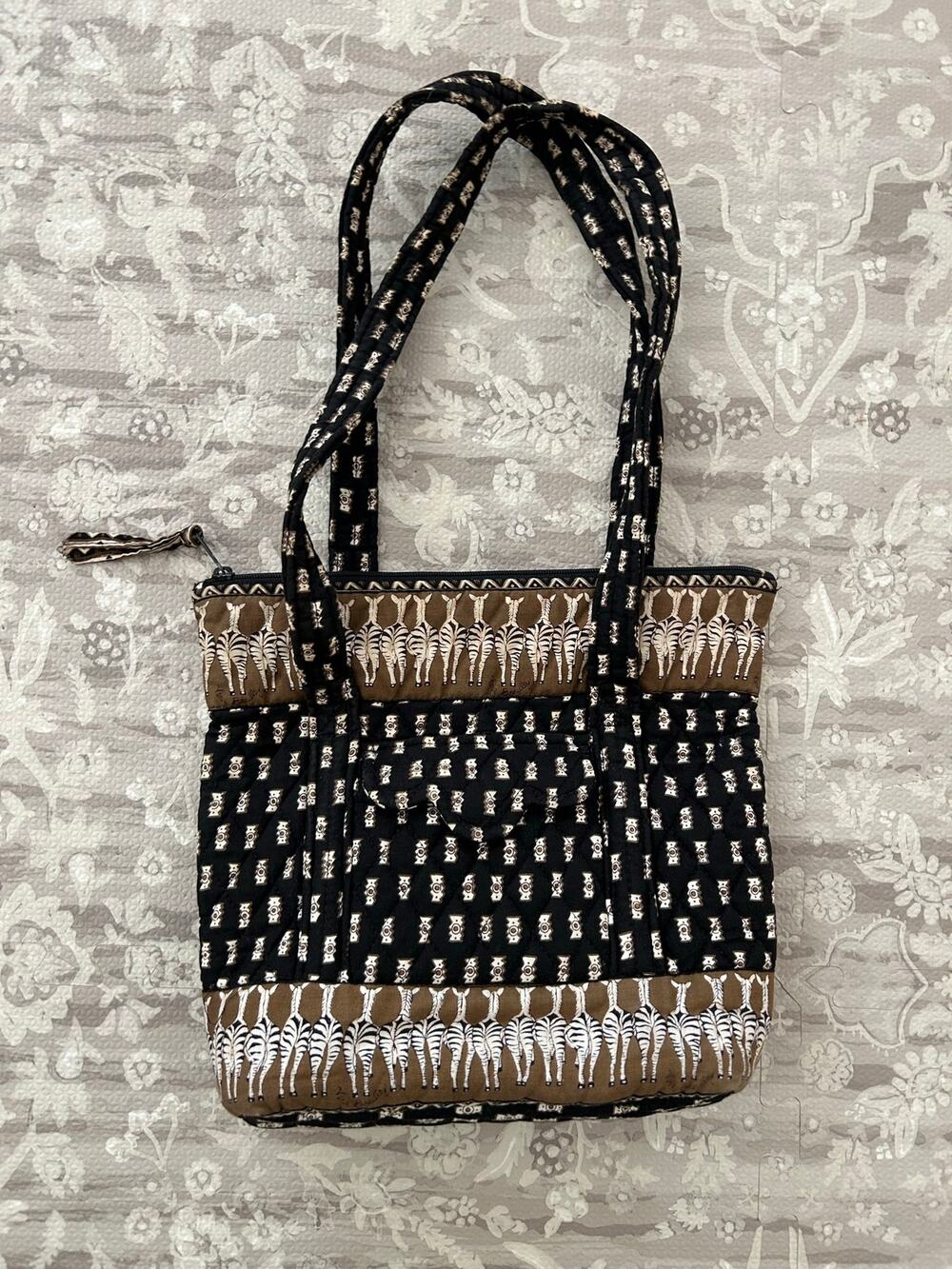 Vera Bradley Zebra Butt Print Black White Brown Patterned Tote Purse Bag Medium